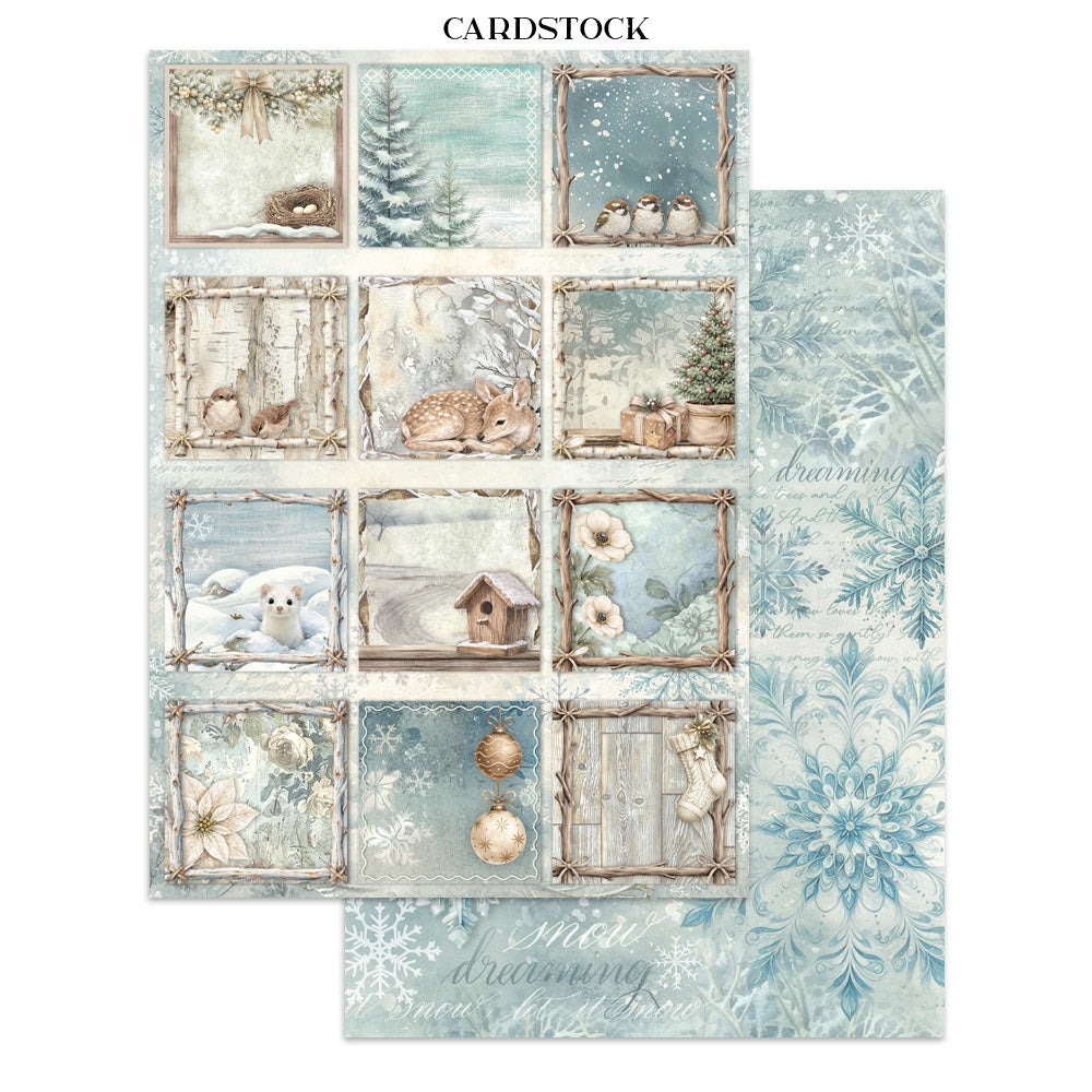 Cardstock with winter-themed design featuring animals and nature elements.