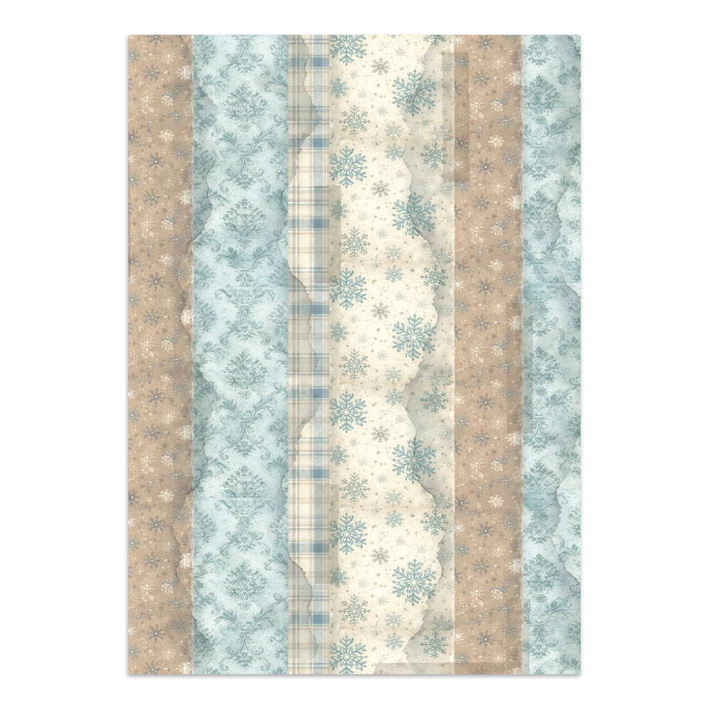 Patterned paper with snowflakes and plaid designs in blue and beige tones.