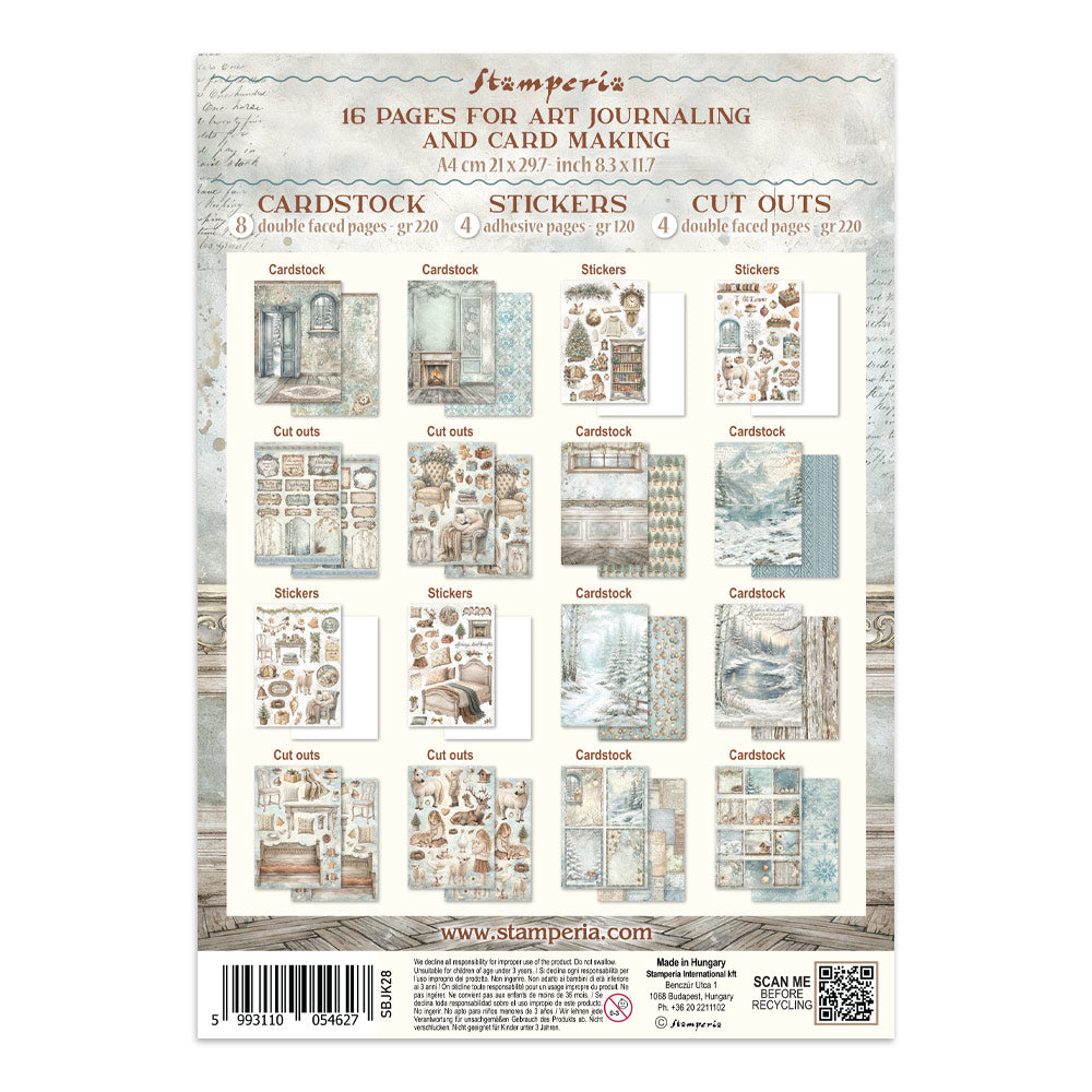 Packaging of Stamperia art journaling and card making kit with various components.