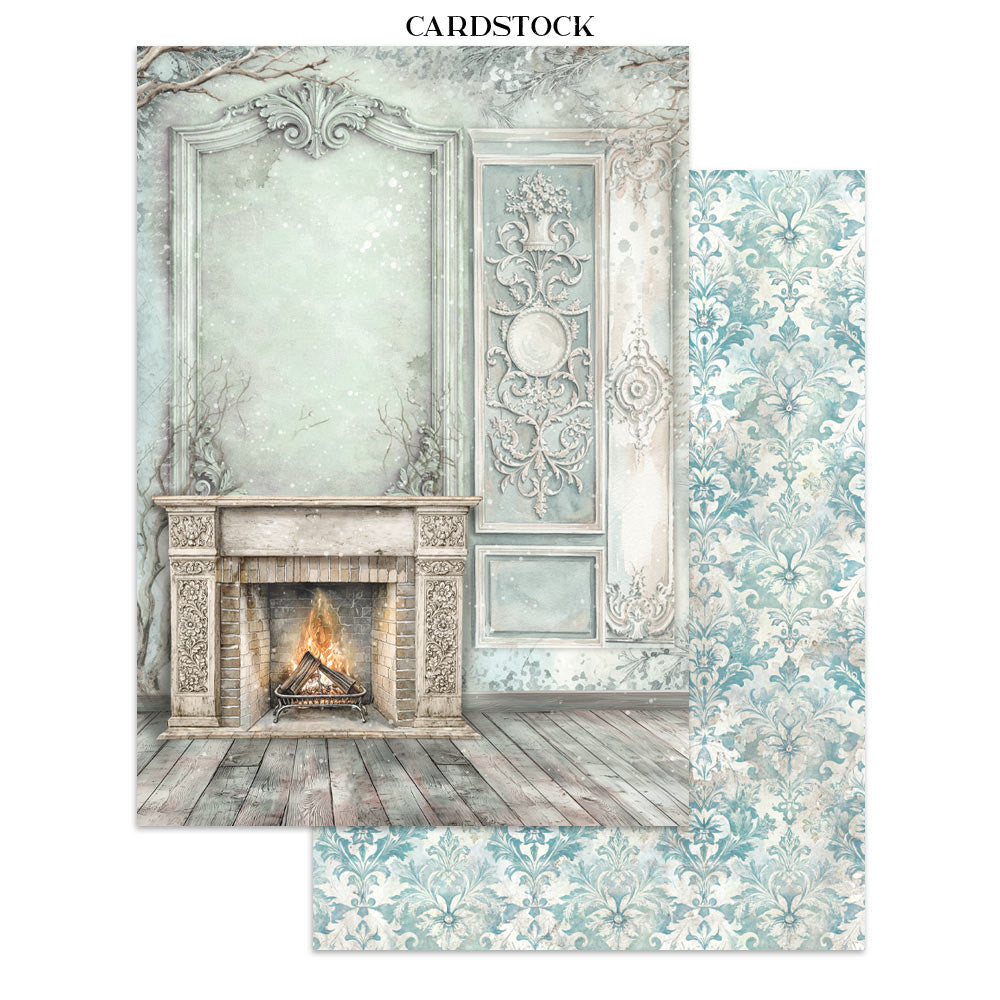 Cardstock with decorative fireplace design and floral pattern