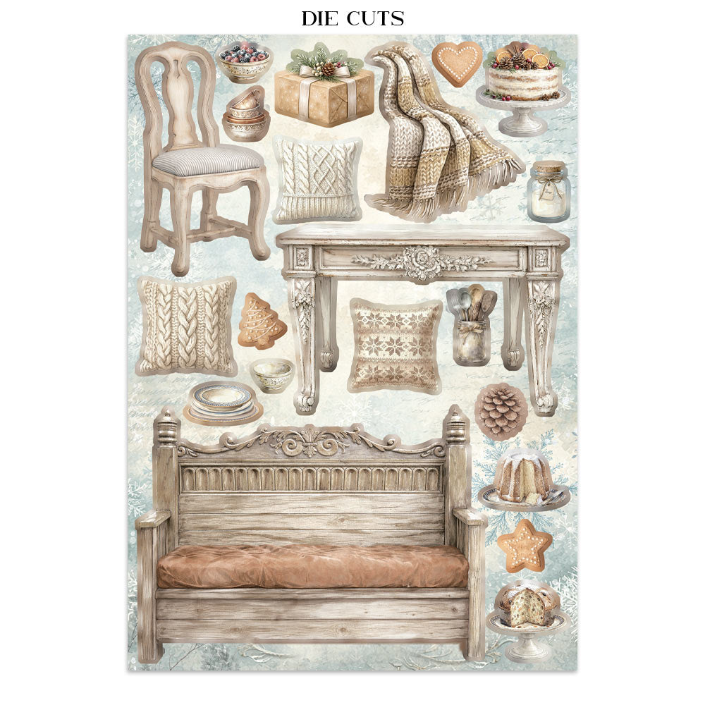 Set of die-cut furniture and decorative items on a light blue background