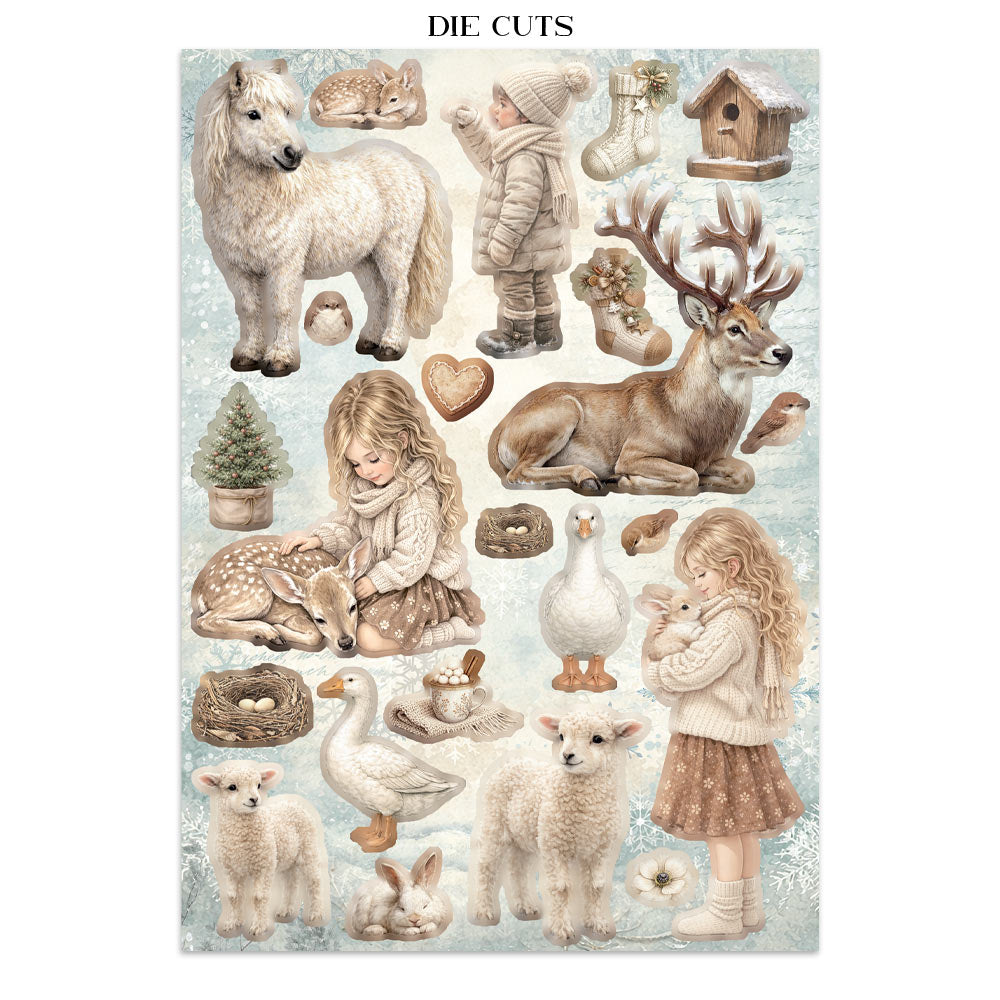 Set of die-cut animal and child illustrations on a light blue background with 'Die Cuts' text at the top.