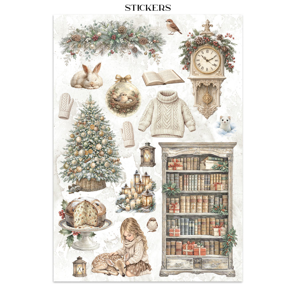 Collection of Christmas-themed stickers featuring a clock, tree, books, and other decorative elements on a white background.