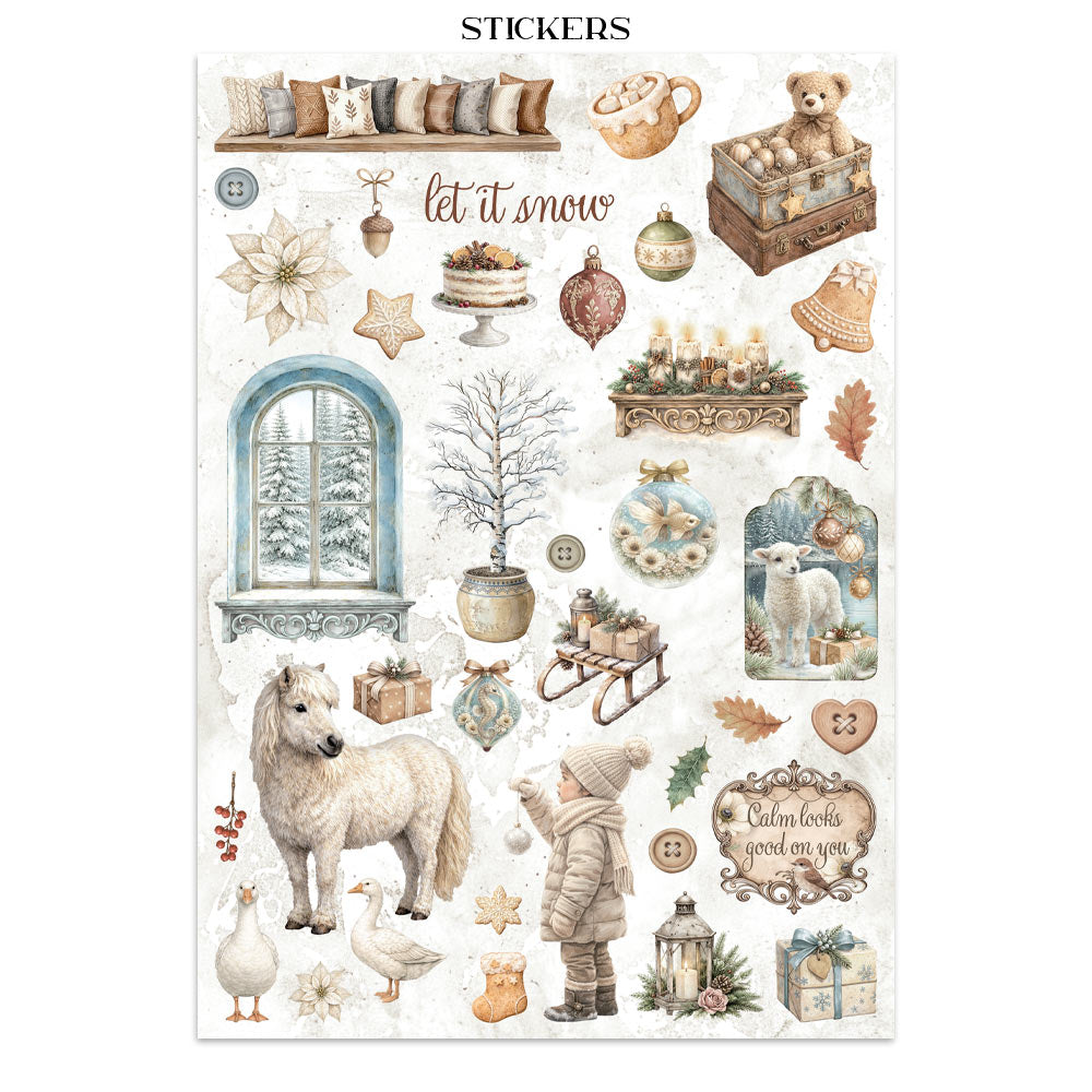 Collection of winter-themed stickers on a white background