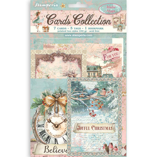 Collection of cards with festive designs and text on a white background