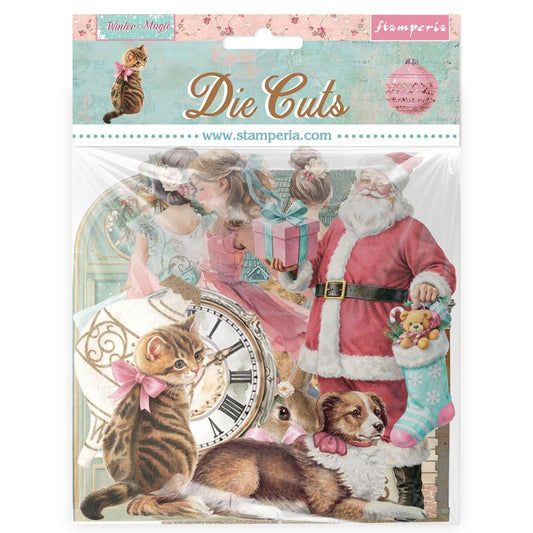 Stamperia Die Cuts packaging with Santa Claus, cats, and a dog on a decorative background.