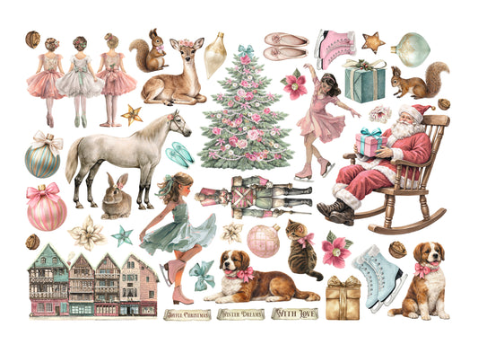 Collection of vintage-style illustrations including animals, Santa Claus, and Christmas elements on a white background.