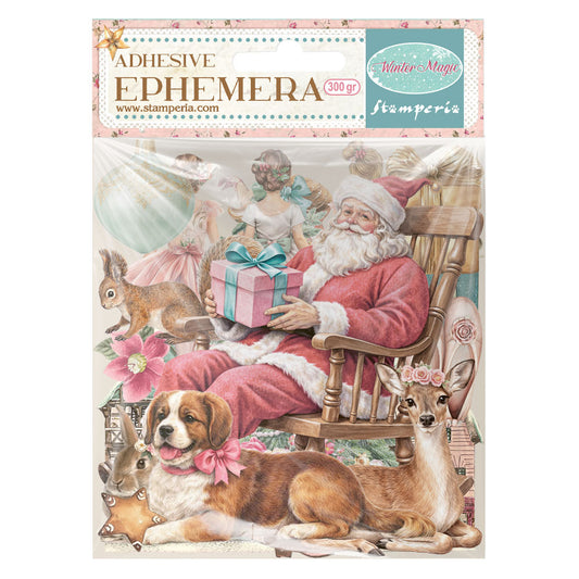 Adhesive ephemera sheet with Santa Claus, dogs, and a rabbit on a white background