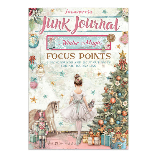 Stamperia Junk Journal Winter Magic with decorative elements and a girl by a Christmas tree.