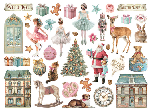 Collection of Christmas-themed illustrations including Santa Claus, trees, gifts, and animals on a white background.