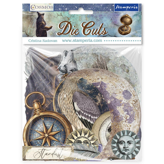 Cosmos Stamperia 'Die Cuts' paper pack by Cristina Radovan, featuring a celestial collage with a compass, pocket watch, sun, moon, bird, and a wolf on a vintage-style card set in clear plastic packaging.