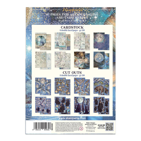 Stamperia cardstock and card cutting kit packaging, featuring a celestial space-themed border with blue, purple, and gold starry patterns, a white center panel displaying sample cardstock and cut-out designs, and product details at the bottom.
