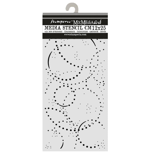 A packaged stencil product labeled Stamperia Mix Media Art Media Stencil CM12x25' with a hanger at the top and a black-and-white stencil design showing dotted and curved line patterns on a white background.