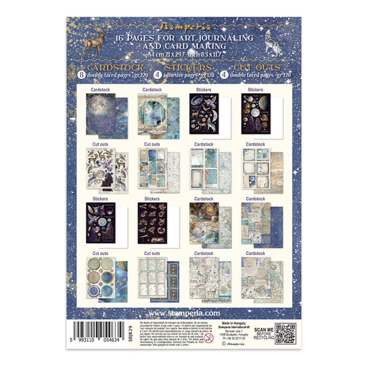 Stamperia cosmos art journaling and card making sticker and cut-out sheet, featuring 16 double-laid pages, stickers, and cut outs on a blue starry background.