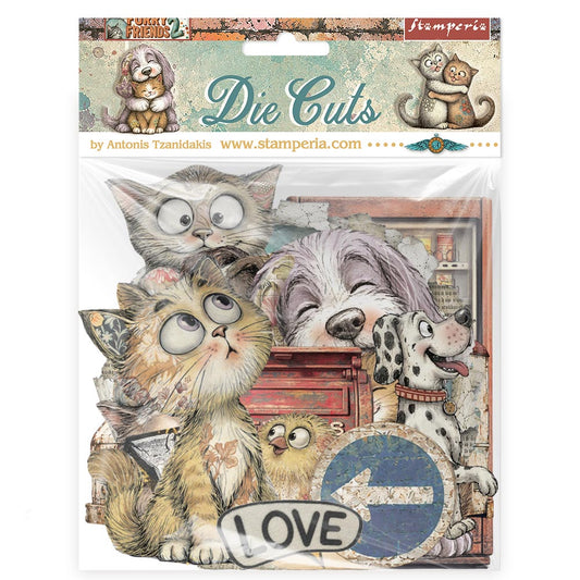 Stamperia 'Die Cuts' featuring whimsical animal illustrations, including a fluffy cat, a dog, a dalmatian, and a small chick, with a blue arrow and 'LOVE' sticker design on the front.
