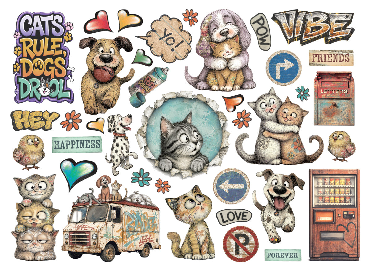 Cartoon-style wall decals featuring cats and dogs with playful text such as 'CATS RULE DOGS DROP', 'VIBE', 'HAPPINESS', 'LOVE', and 'FOREVER', plus illustrated animals, flowers, hearts, arrows, and small objects on a white background.