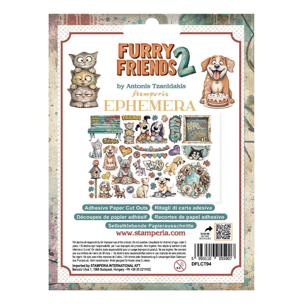 Back cover of the Stamperia Ephemera 'Furry Friends 2' adhesive paper cutouts package, featuring illustrated owls and a dog, sample cutout designs, and product details on a decorative border.