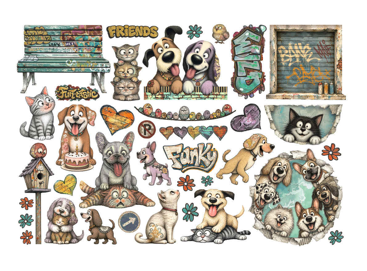 Colorful cartoon dog and cat stickers with various designs including a bench, graffiti-style lettering, a birdhouse, flowers, and multiple breeds of dogs and cats in playful poses on a white background.