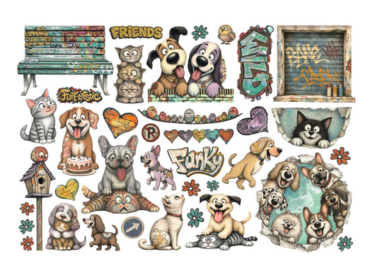Colorful cartoon dog and cat stickers with various designs including a bench, graffiti-style lettering, a birdhouse, flowers, and multiple breeds of dogs and cats in playful poses on a white background.