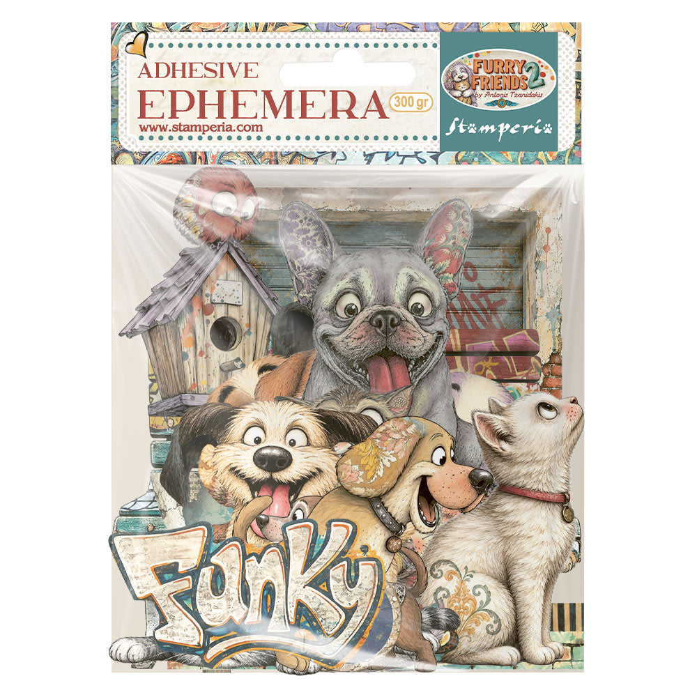 A package of adhesive ephemera stickers from Stamperia's 'Furry Friends' collection, featuring cartoon dogs in a vintage-style collage with the word 'Funky' at the bottom.