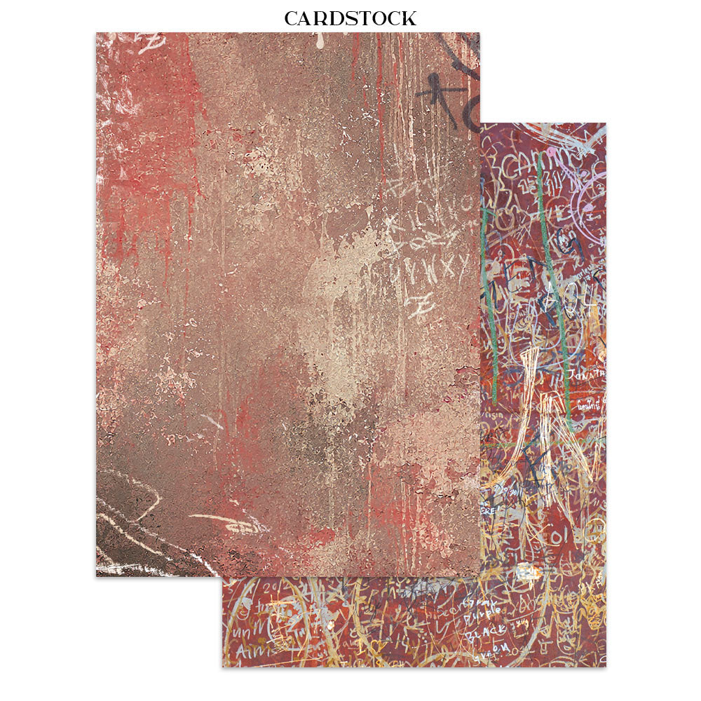 Two sheets of textured cardstock paper with an abstract graffiti-style design in red, brown, beige, and multicolor scribbles, shown on a white background with the word 'CARDSTOCK' at the top.