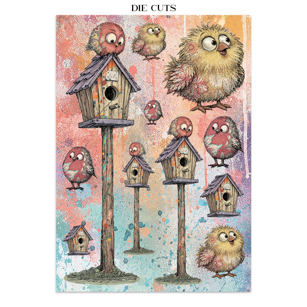 A sheet of paper die-cut featuring whimsical cartoon birds and birdhouses on a textured pastel background, with the text 'DIE CUTS' printed above the artwork.