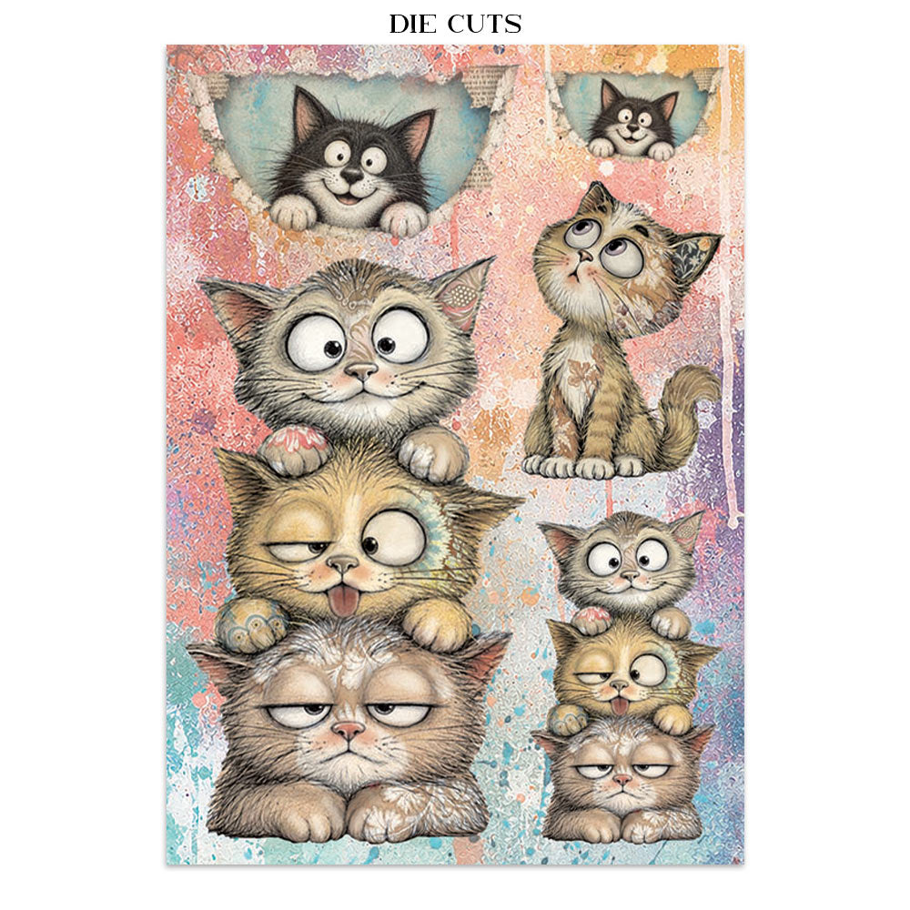 A sheet of paper die-cut featuring various cartoon cat illustrations in different poses and expressions, set against a textured pastel background with the text 'DIE CUTS' at the top.