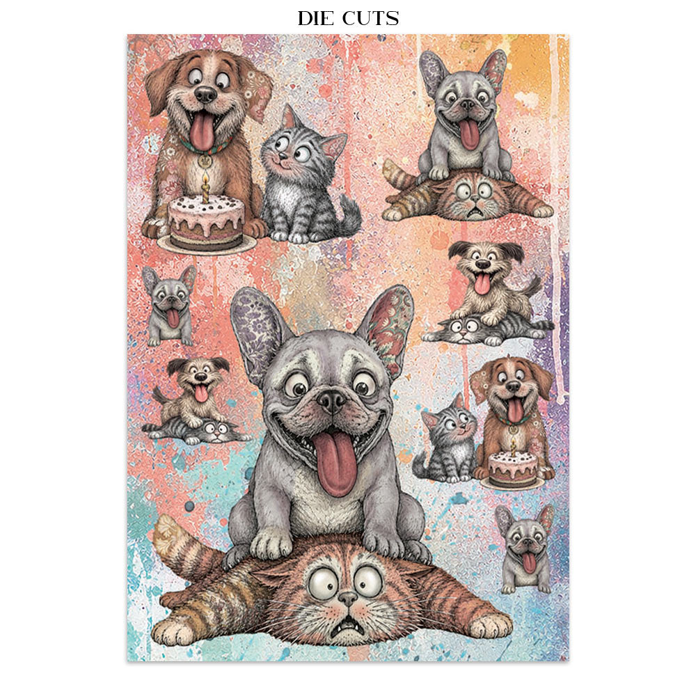 A sheet of paper die-cuts featuring cute cartoon illustrations of dogs, cats, and a cat face layered underneath, with the text 'DIE CUTS' at the top. The artwork uses a colorful distressed paint-splatter background in pink, blue, orange, and purple tones.