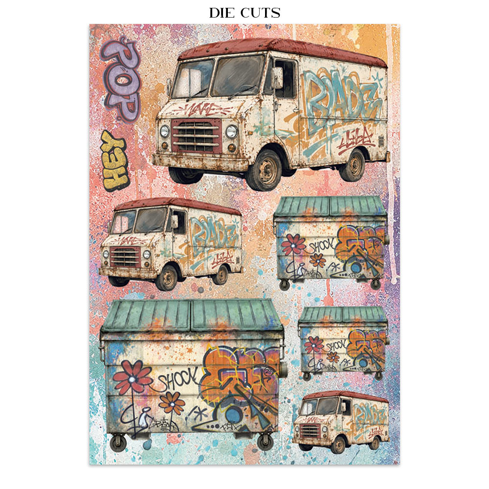 A sheet of paper die-cuts featuring a distressed graffiti-style illustration of a vintage box truck in multiple colorways, with colorful graffiti tags and flowers on a splattered pastel background. The sheet has the text 'DIE CUTS' printed at the top.
