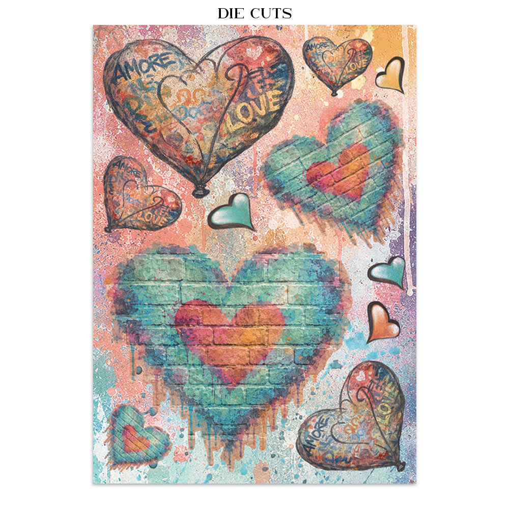 A sheet of paper die cuts with multiple heart illustrations in teal, orange, pink, and brown tones on a distressed pastel background. The hearts include graffiti-style lettering and brick textures.