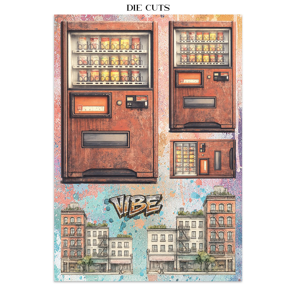 A sheet of die-cuts featuring vintage vending machines at the top and illustrated city buildings with the word 'VIBE' at the bottom, shown on a white background with the text 'DIE CUTS' above.