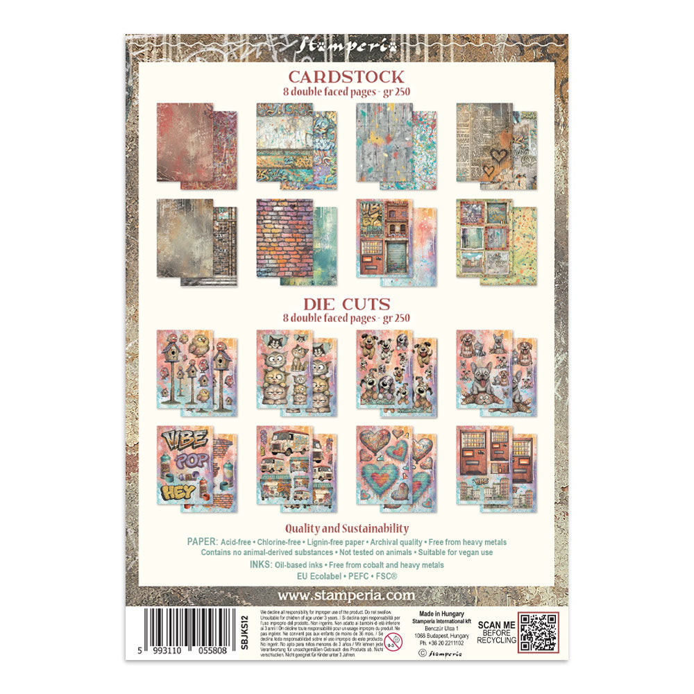 The back cover of a Stamperia scrapbooking paper and die-cut sticker kit package, showing sample images of the cardstock and die-cut elements included in the set.