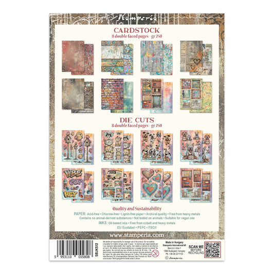 The back cover of a Stamperia scrapbooking paper and die-cut sticker kit package, showing sample images of the cardstock and die-cut elements included in the set.