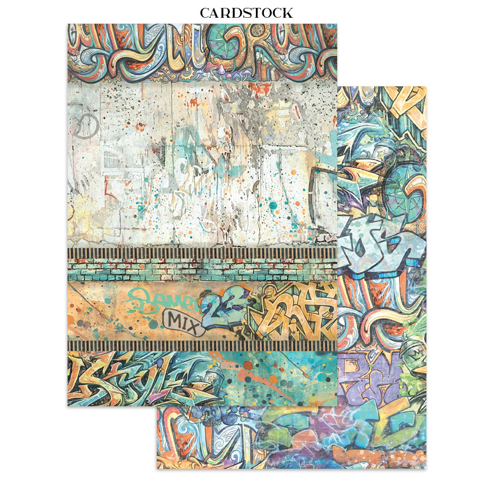Two overlapping sheets of cardstock featuring vibrant graffiti and street art patterns, with the text 'CARDSTOCK' printed at the top center on a white background.