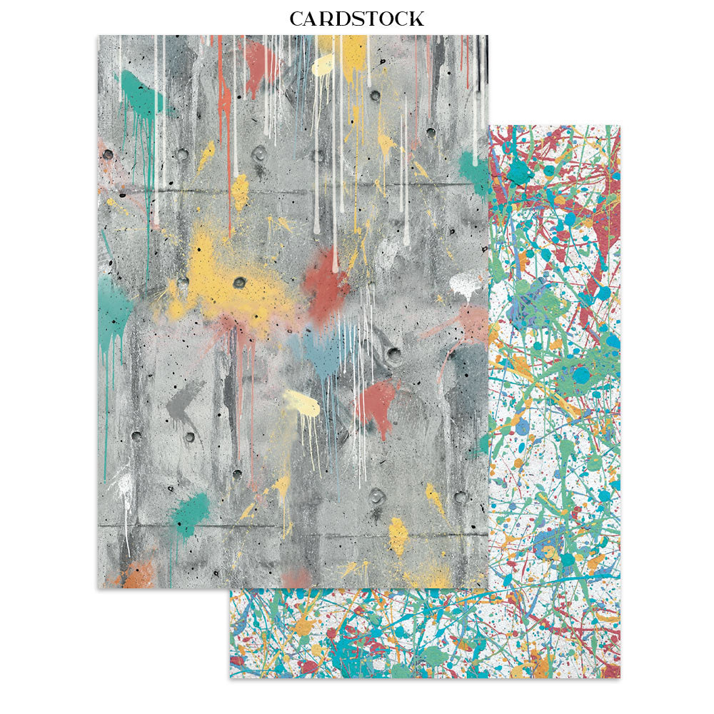 Two sheets of cardstock with abstract paint splatter and drip designs, one featuring a gray concrete texture and the other a white background with colorful splatters, shown on a white background with the text 'CARDSTOCK' at the top.