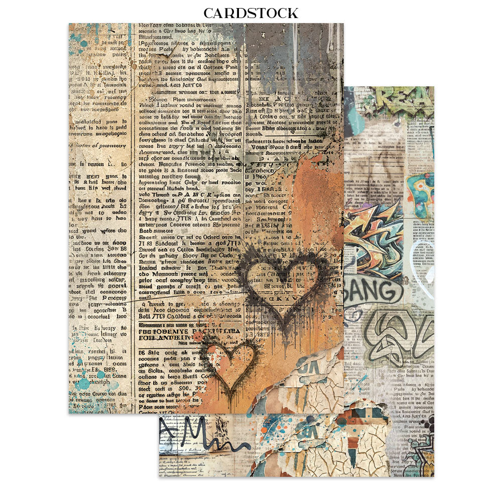 Two sheets of scrapbook cardstock with distressed, vintage collage designs featuring dictionary text, graffiti, paint splatters, and heart motifs, labeled 'CARDSTOCK' at the top.