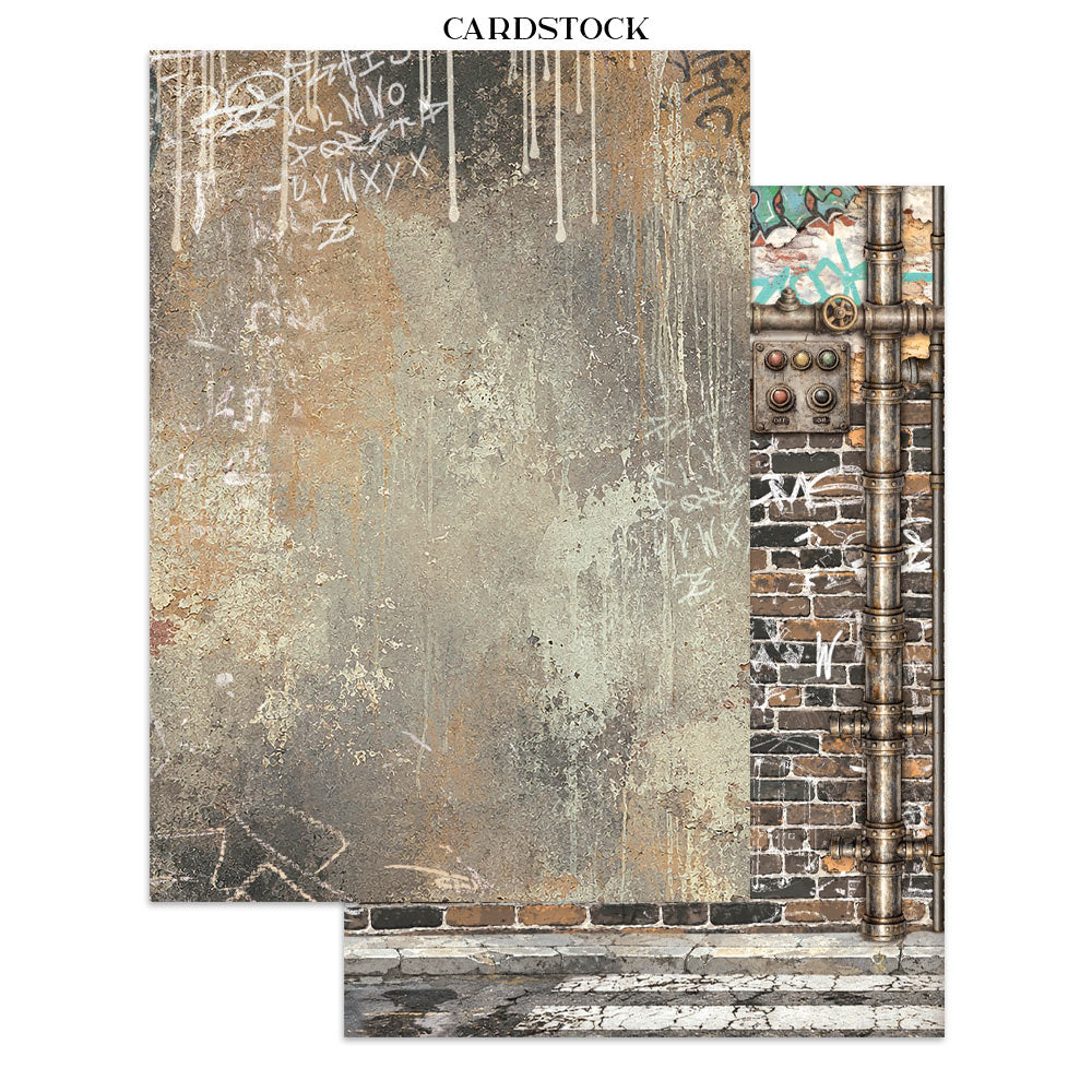 Two sheets of cardstock with an industrial urban design, featuring a distressed gray and brown wall with graffiti, brick textures, and exposed metal pipes, shown on a white background with the text 'CARDSTOCK' at the top.