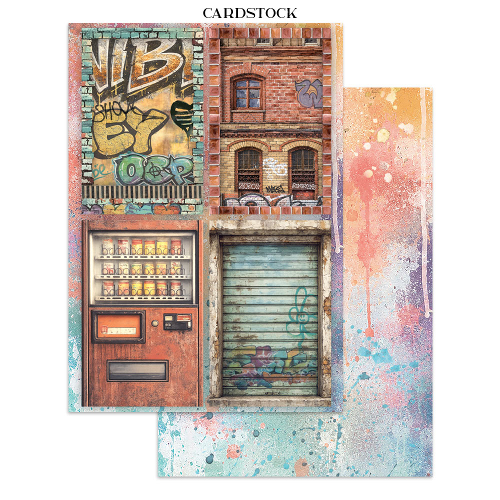 Two sheets of cardstock paper featuring a collage of urban street art elements, including graffiti, a brick building facade, a vending machine, and a closed metal shutter, with a matching abstract paint-splatter border. The text 'CARDSTOCK' is printed at the top.