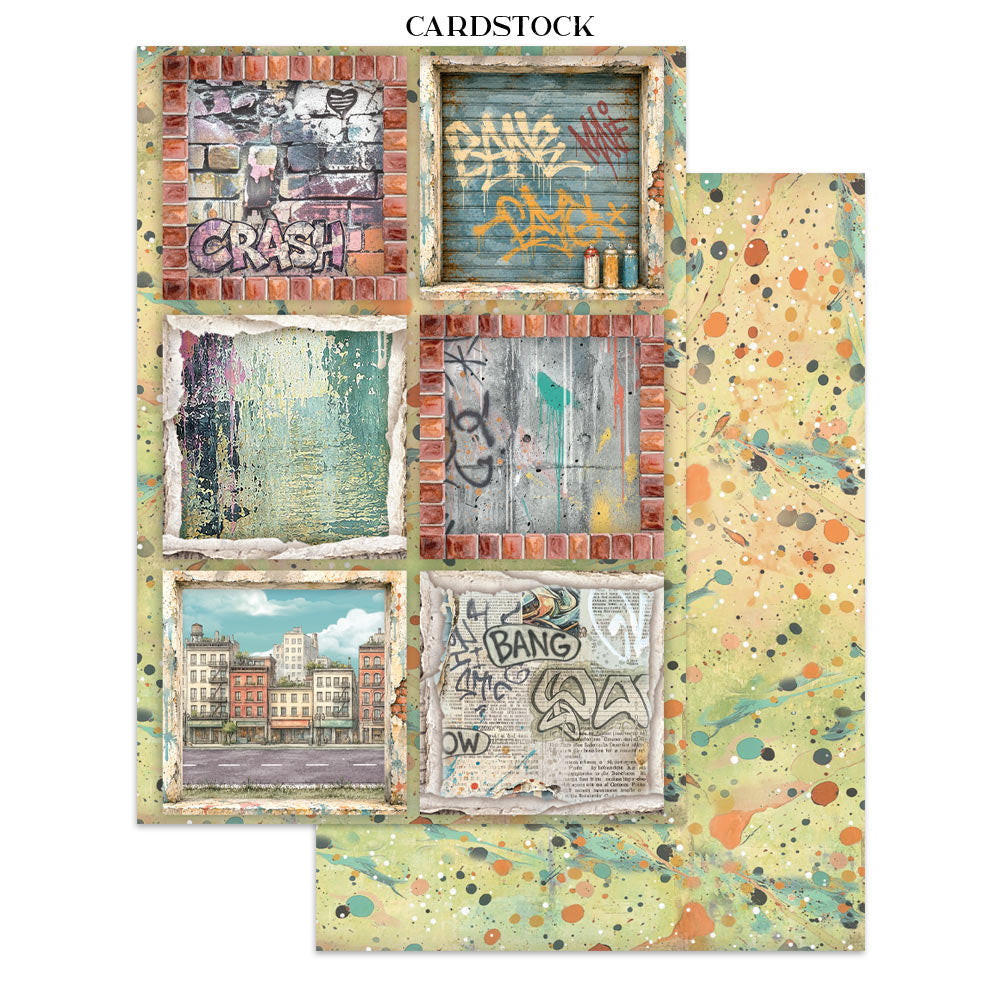 A sheet of patterned cardstock featuring a collage of weathered brick and wood panels with graffiti, paint splatters, and a city street scene, shown with a coordinating patterned backing on a white background.