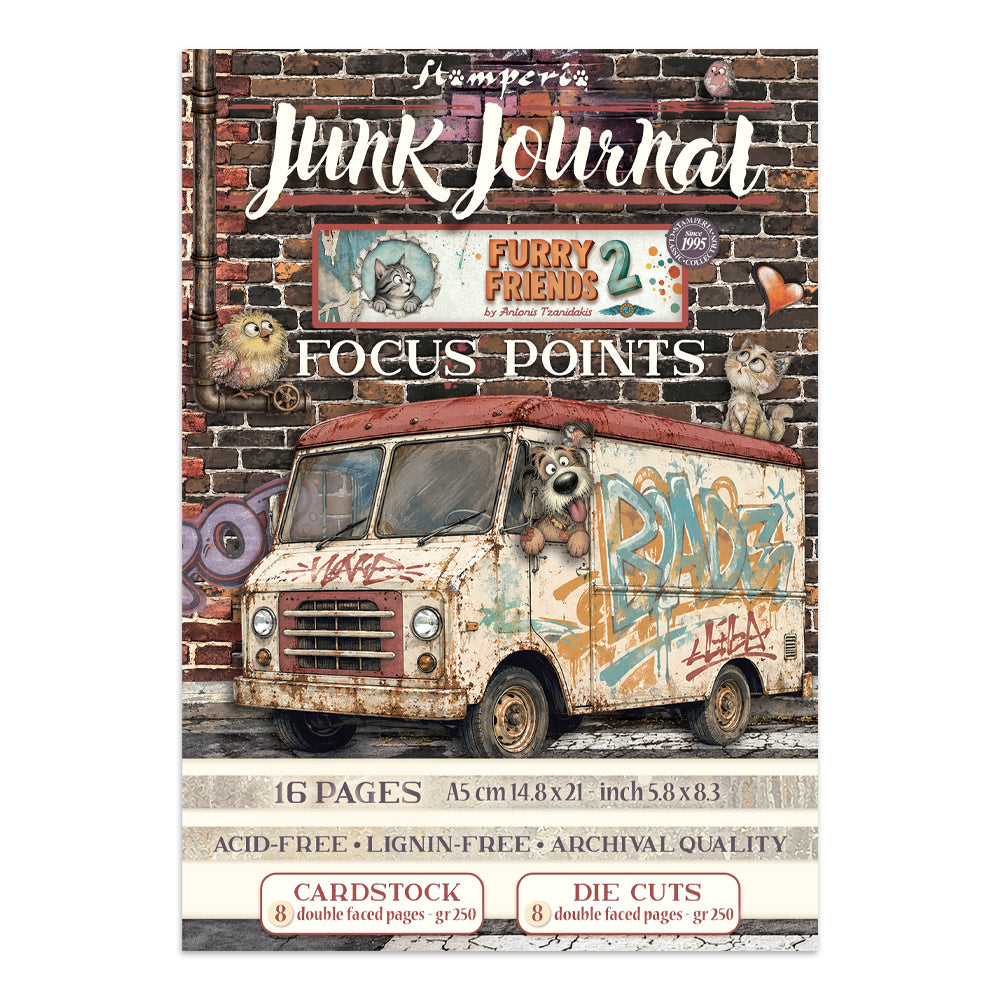 Front cover of a stampers 'Junk Journal' cardstock paper pack, featuring a vintage graffiti-covered van on a brick wall background with the text 'Focus Points' and product details at the bottom.