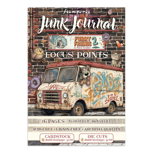 Front cover of a stampers 'Junk Journal' cardstock paper pack, featuring a vintage graffiti-covered van on a brick wall background with the text 'Focus Points' and product details at the bottom.