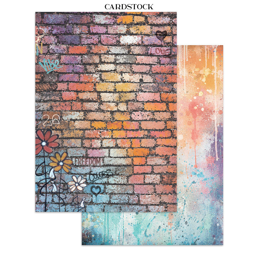 Two sheets of patterned cardstock displayed on a white background. The top sheet features a colorful brick wall design with graffiti-style text and flowers, and the bottom sheet shows a matching abstract paint-splatter pattern in blue, orange, and purple tones.