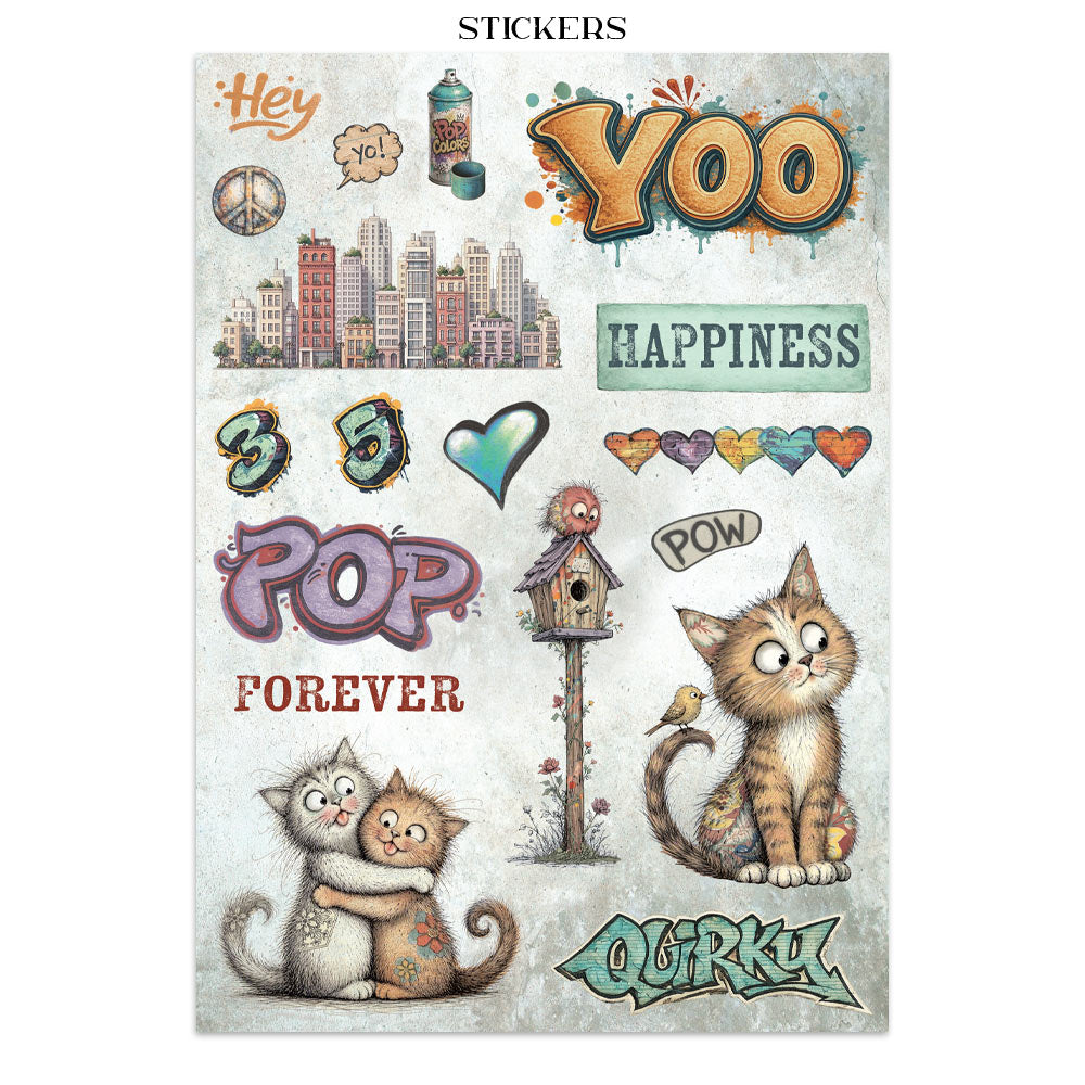A sheet of decorative stickers featuring colorful text, hearts, a cityscape, a birdhouse, and two illustrated cats, with the word 'STICKERS' at the top on a white background.