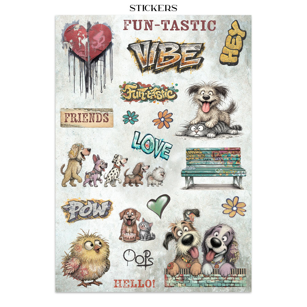 A sheet of decorative stickers featuring cartoon dogs, cats, birds, flowers, hearts, and text such as 'FUN-TASTIC VIBE,' 'LOVE,' 'FRIENDS,' 'HELLO!,' and 'POW,' shown on a light textured background.