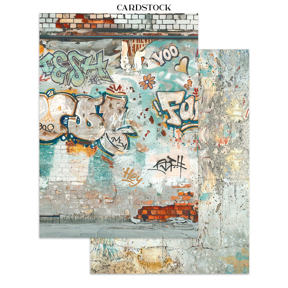 Two rectangular cardstock sheets featuring a distressed urban graffiti wall design, shown overlapping on a white background with the word 'CARDSTOCK' above.