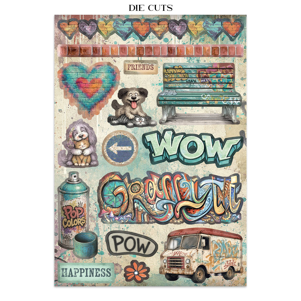 A sheet of scrapbook or craft die-cuts featuring a vintage, distressed aesthetic with graffiti-style lettering, a bench, a dog, a spray can, hearts, and retro text including 'WOW', 'POW', and 'HAPPINESS'.