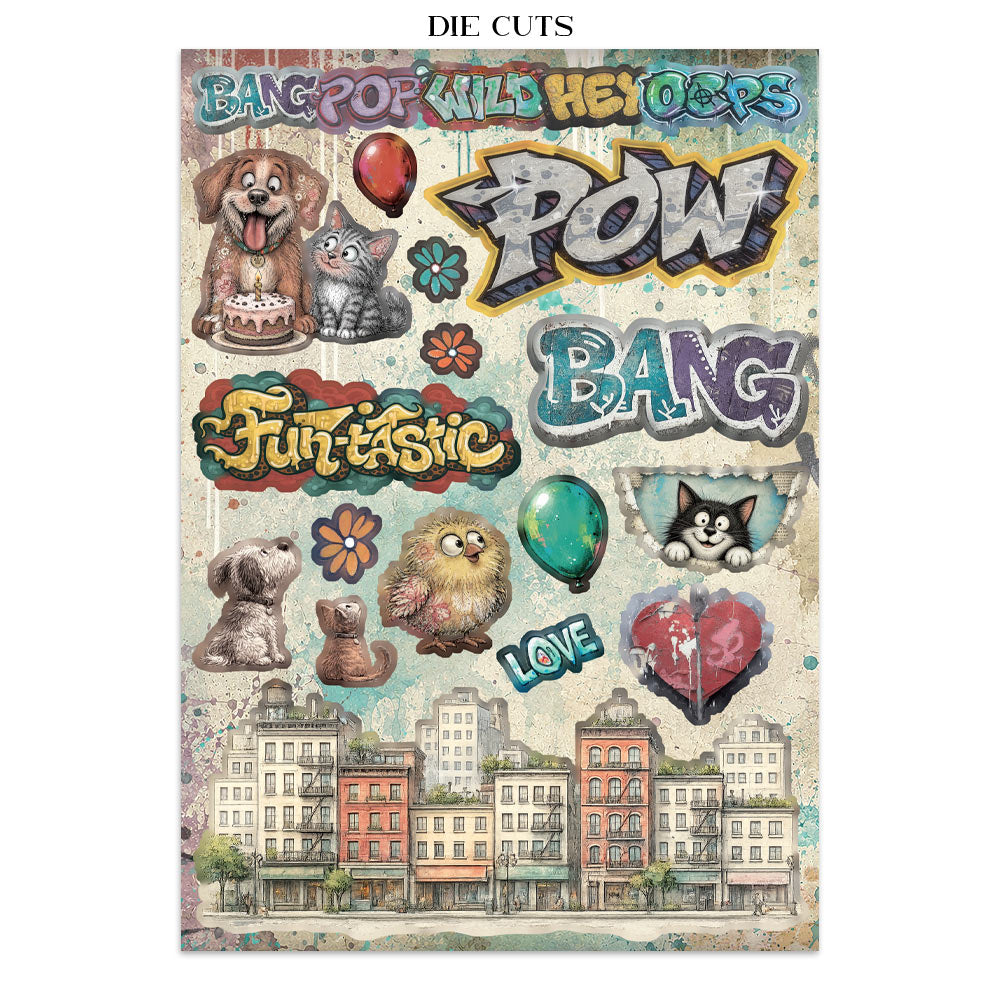 A sheet of die-cuts featuring colorful graffiti-style text like 'POW', 'BANG', 'Fun-tastic', and 'LOVE', cartoon animals including a dog, cat, owl, and rabbit, balloons, flowers, and a cityscape illustration at the bottom. The sheet is centered on a white background with the words 'DIE CUTS' above it.