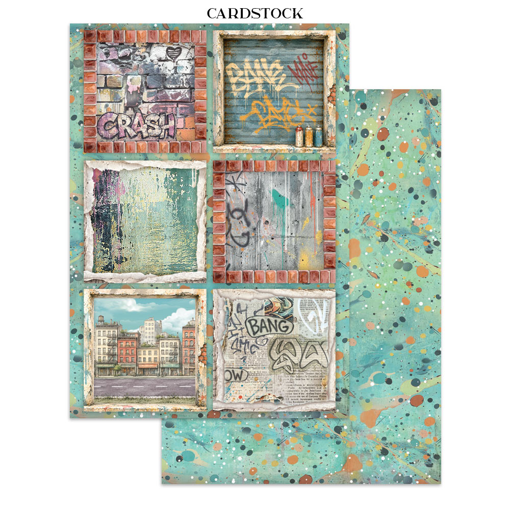 A set of two decorative cardstock sheets with an urban graffiti and paint splatter design. One sheet features a collage of six framed abstract street-art panels, and the other features a turquoise background with multicolored paint splatters and splashes.