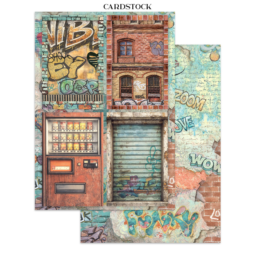 A set of two vertical cardstock sheets featuring a collage of urban street art, graffiti, a brick building facade, a vending machine, and a closed metal shutter, shown on a plain white background with the text 'CARDSTOCK' above.