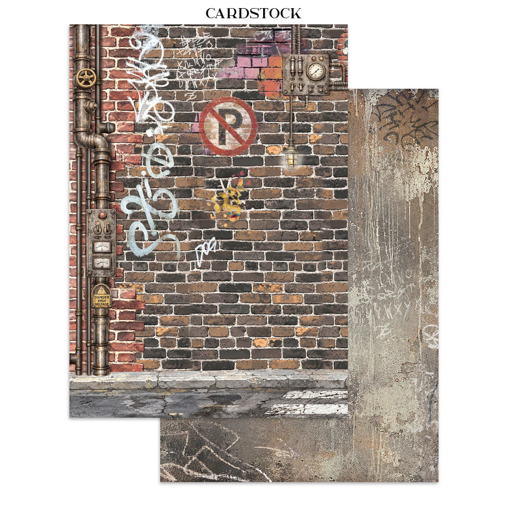 Two rectangular cardstock sheets with an urban brick-wall design, featuring graffiti, exposed pipes, a no parking sign, and distressed textures, shown on a white background with the text 'CARDSTOCK' above.
